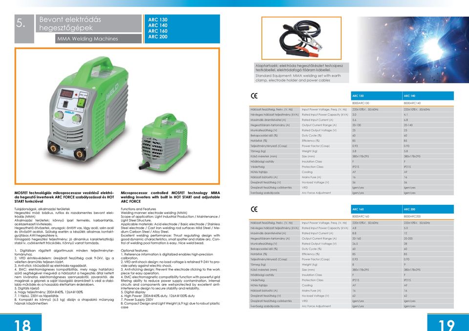 inverterek ARC FORCE szabályozással és HOT START funkcióval Tulajdonságok, alkalmazási területek Hegesztési mód: bázikus, rutilos és rozsdamentes bevont elektródás (MMA) Alkalmazási területek: könnyű
