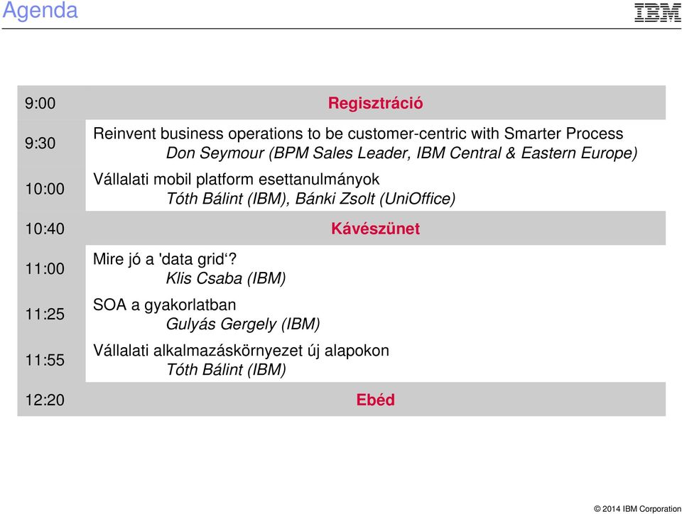 Bálint (IBM), Bánki Zsolt (UniOffice) 10:40 Kávészünet 11:00 11:25 11:55 Mire jó a 'data grid?