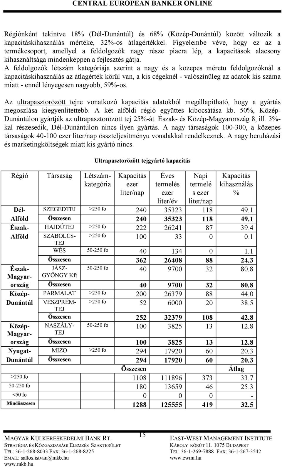 A feldolgozók létszám kategóriája szerint a nagy és a közepes méretu feldolgozóknál a kapacitáskihasználás az átlagérték körül van, a kis cégeknél - valószínüleg az adatok kis száma miatt - ennél