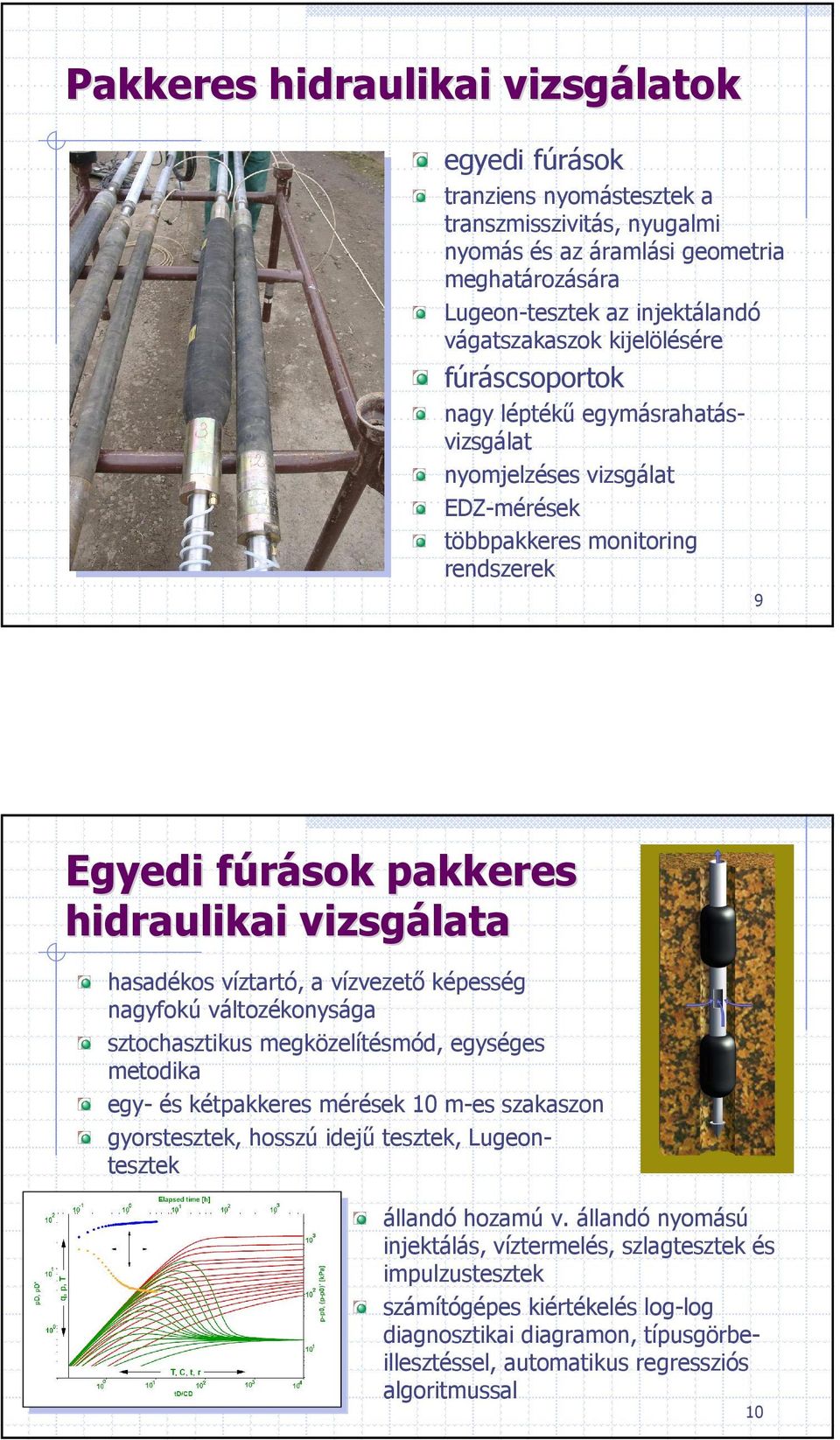 víztartó, a vízvezető képesség nagyfokú változékonysága sztochasztikus megközelítésmód, egységes metodika egy- és kétpakkeres mérések 1 m-es szakaszon gyorstesztek, hosszú idejű tesztek,