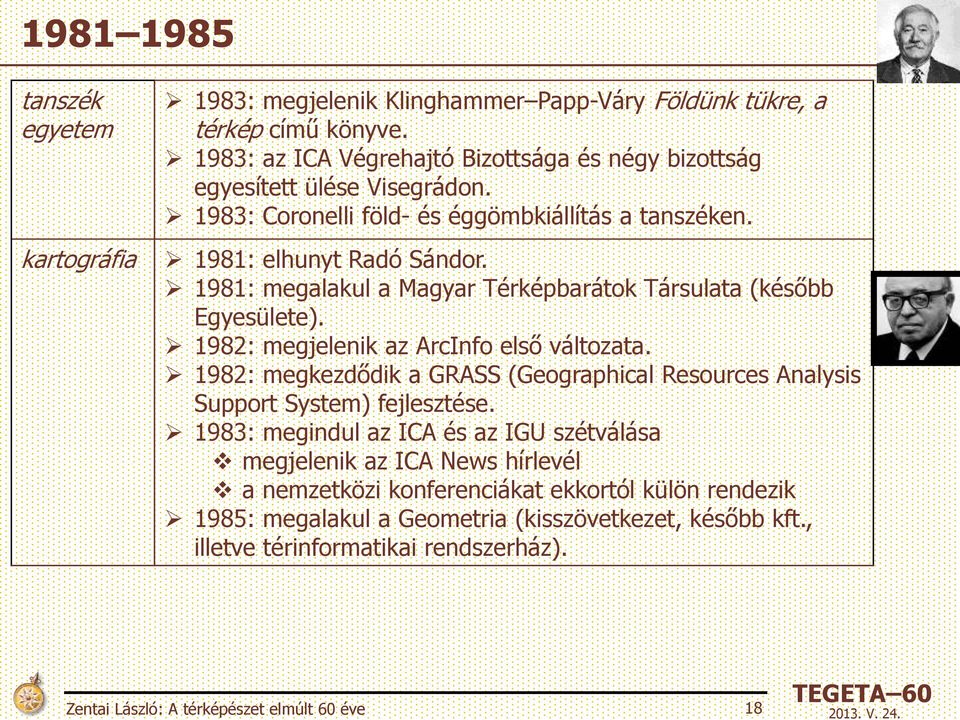 1981: megalakul a Magyar Térképbarátok Társulata (később Egyesülete). 1982: megjelenik az ArcInfo első változata.