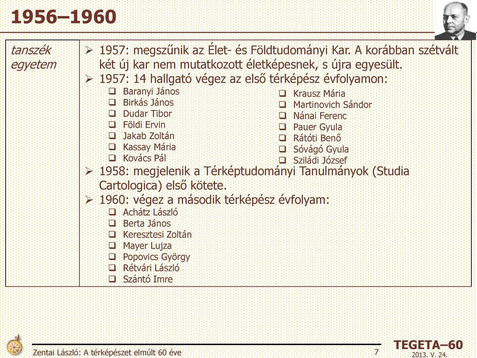 Martinovich Sándor Nánai Ferenc Pauer Gyula Rátóti Benő Sóvágó Gyula Sziládi József 1958: megjelenik a Térképtudományi Tanulmányok (Studia Cartologica) első kötete.