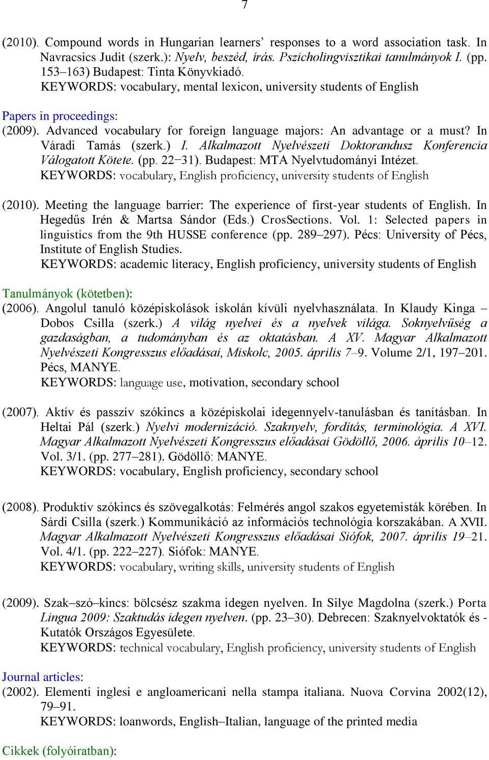 Advanced vocabulary for foreign language majors: An advantage or a must? In Váradi Tamás (szerk.) I. Alkalmazott Nyelvészeti Doktorandusz Konferencia Válogatott Kötete. (pp. 22 31).