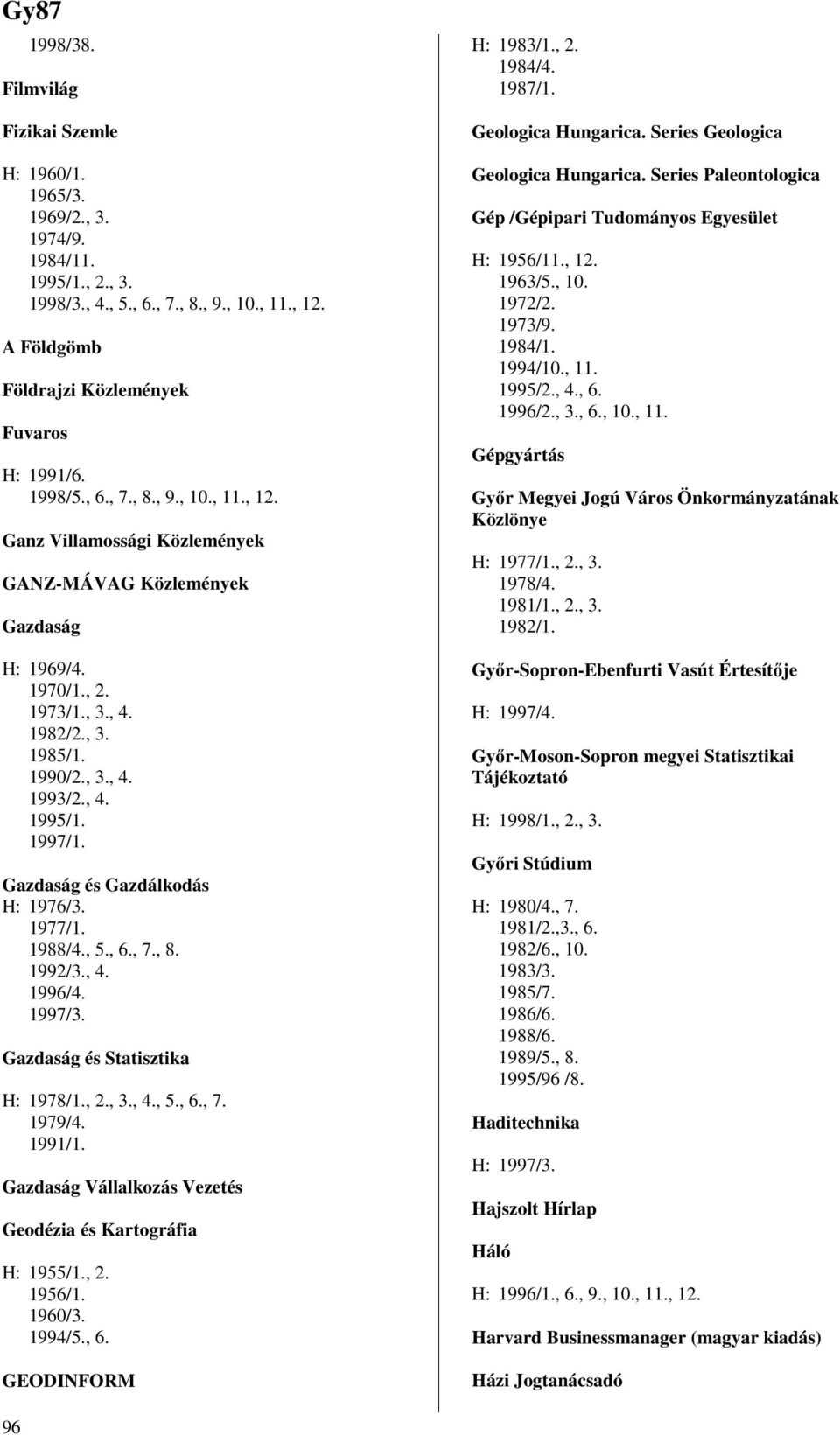 , 3. 1985/1. 1990/2., 3., 4. 1993/2., 4. 1995/1. 1997/1. Gazdaság és Gazdálkodás H: 1976/3. 1977/1. 1988/4., 5., 6., 7., 8. 1992/3., 4. 1996/4. 1997/3. Gazdaság és Statisztika H: 1978/1., 2., 3., 4., 5., 6., 7. 1979/4.