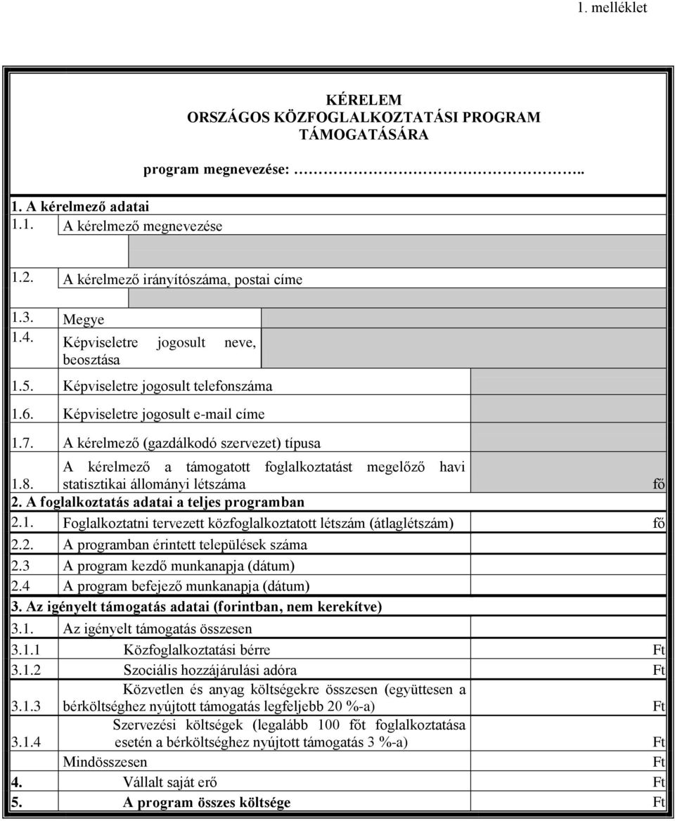 A kérelmező a támogatott foglalkoztatást megelőző havi statisztikai állományi létszáma fő 2. A foglalkoztatás adatai a teljes programban 2.1.