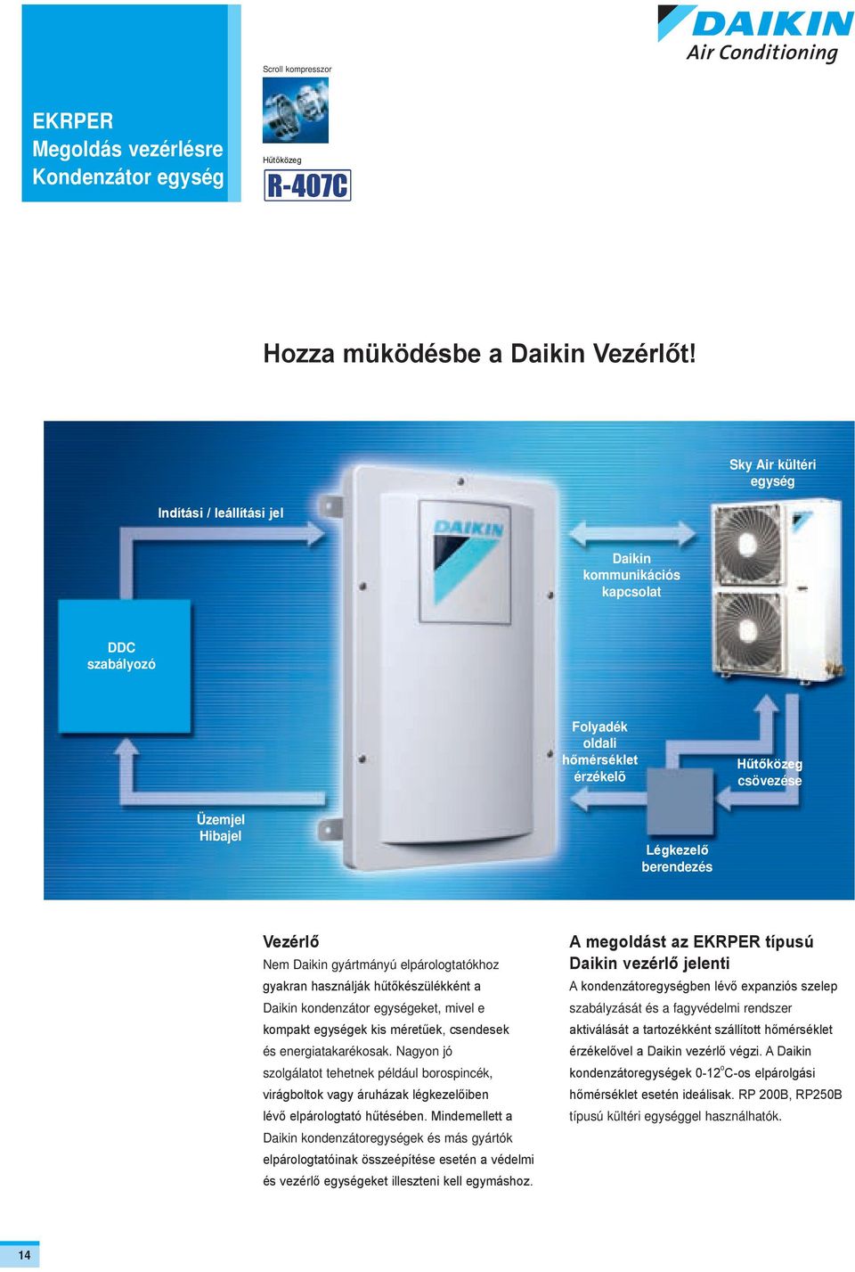 Nem Daikin gyártmányú elpárologtatókhoz gyakran használják hűtőkészülékként a Daikin kondenzátor egységeket, mivel e kompakt egységek kis méretűek, csendesek és energiatakarékosak.