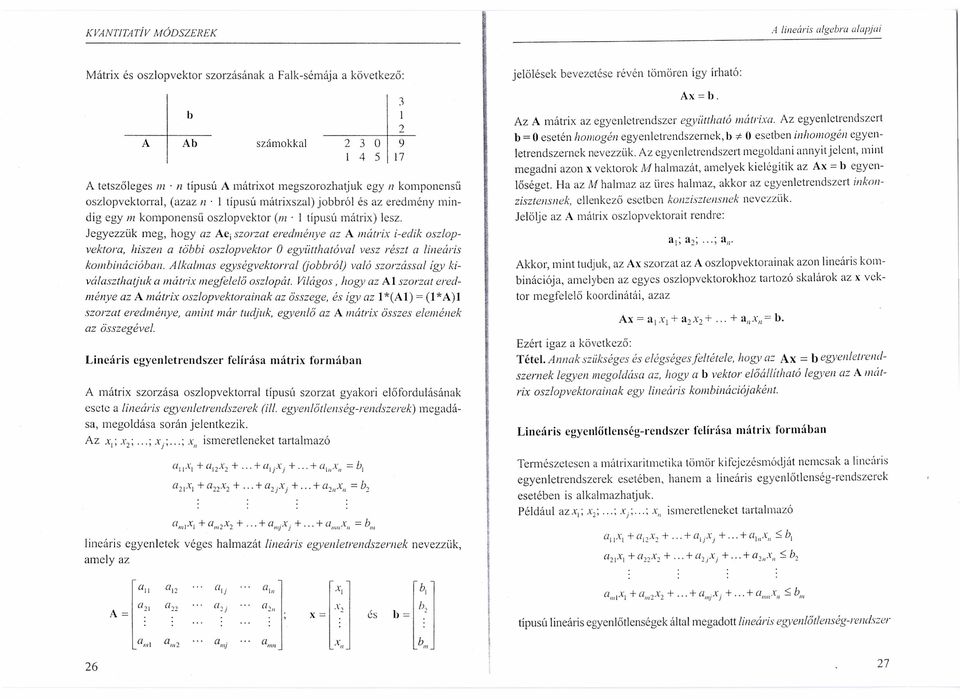 Jegyezzük meg, hogy az Ae, szorzat eredménye az A matrix i-edik oszlopvektora, hiszen a többi osz/op vektor O egyiitthatóval vesz részt a lineáris kombinácioban.