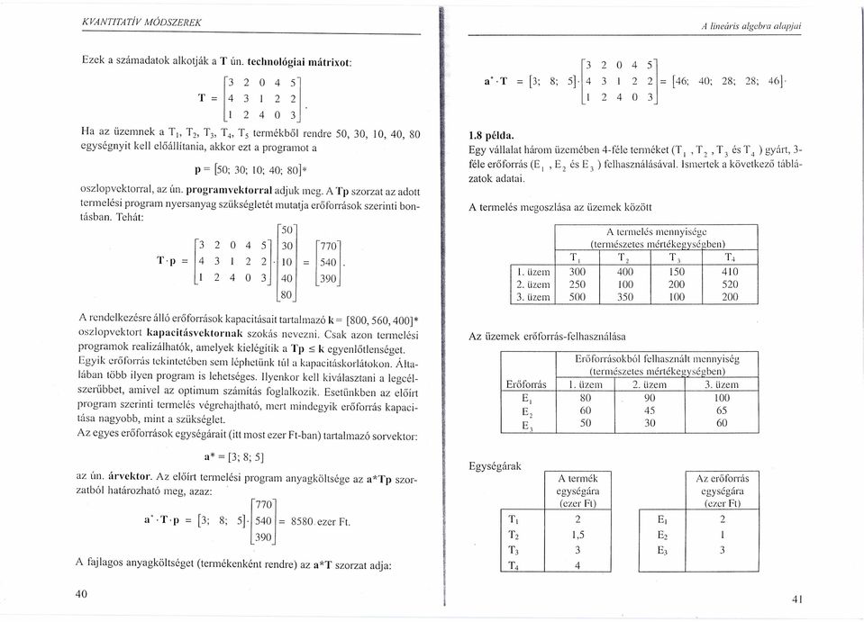 oszlopvektorral, az ún. programvektorral adjuk meg. A Tp szorzat az adott termelési program nyersanyag szükségletét mutatja erőforrások szerinti bontásban. Tehát: 50 30 0 = 40 80 770] 540.