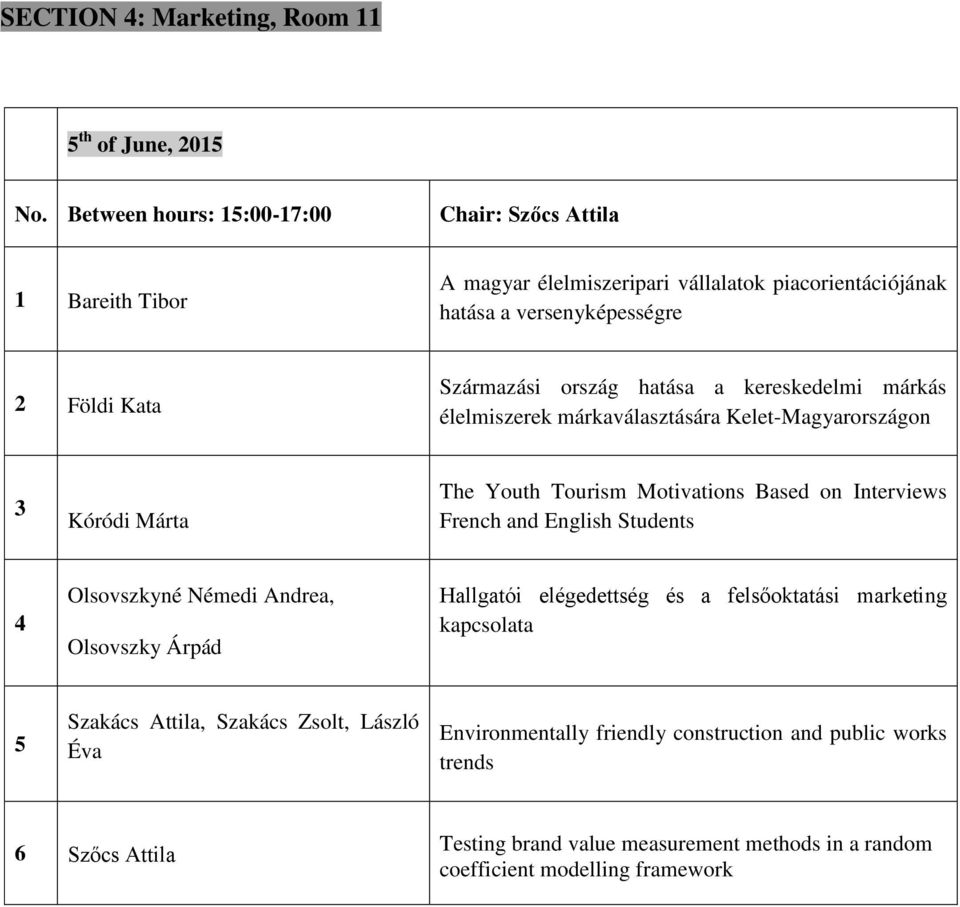 Interviews French and English Students 4 Olsovszkyné Némedi Andrea, Olsovszky Árpád Hallgatói elégedettség és a felsőoktatási marketing kapcsolata 5 Szakács Attila,