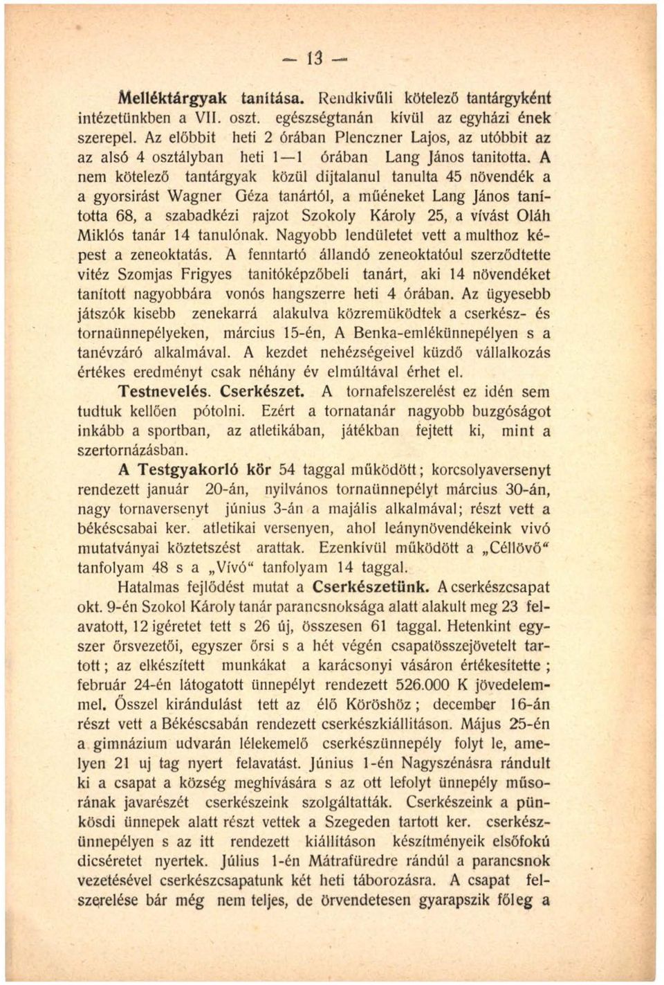 A nem kötelező tantárgyak közül díjtalanul tanulta 45 növendék a a gyorsírást Wagner Géza tanártól, a müéneket Lang János tanította 68, a szabadkézi rajzot Szokoly Károly 25, a vívást Oláh Miklós