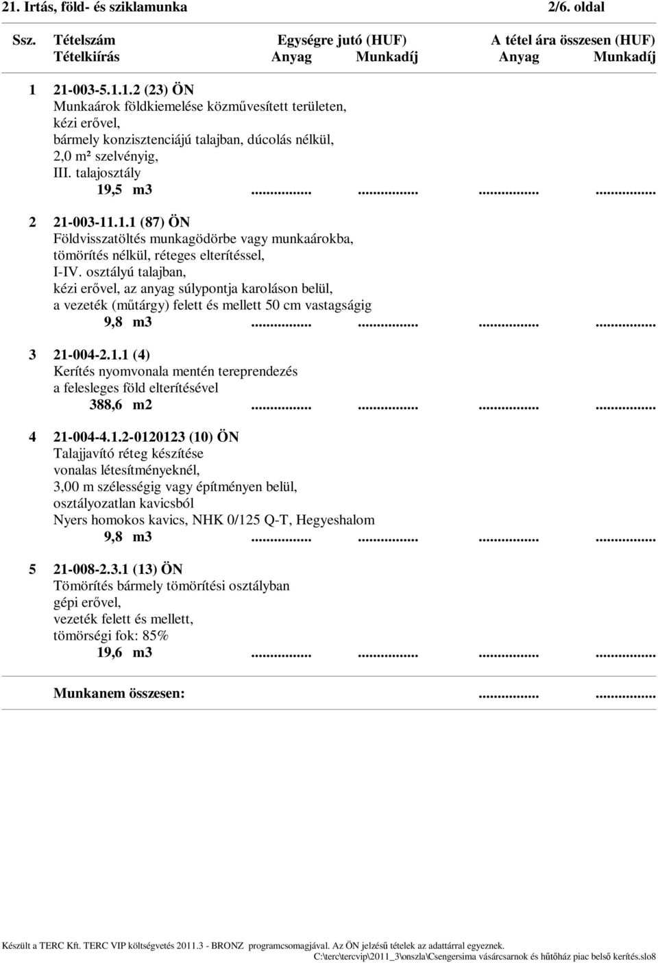 osztályú talajban, kézi er vel, az anyag súlypontja karoláson belül, a vezeték (m tárgy) felett és mellett 50 cm vastagságig 9,8 m3............ 3 21-