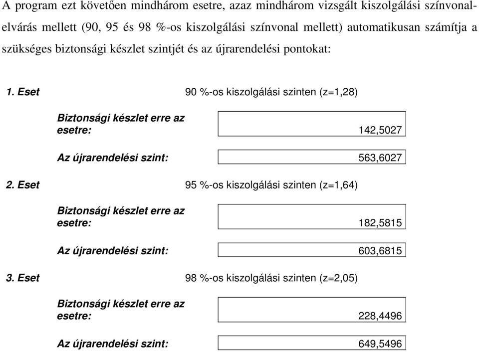 Eset 90 %-os kiszolgálási szinten (z=1,28) Biztonsági készlet erre az esetre: 142,5027 Az újrarendelési szint: 563,6027 2.