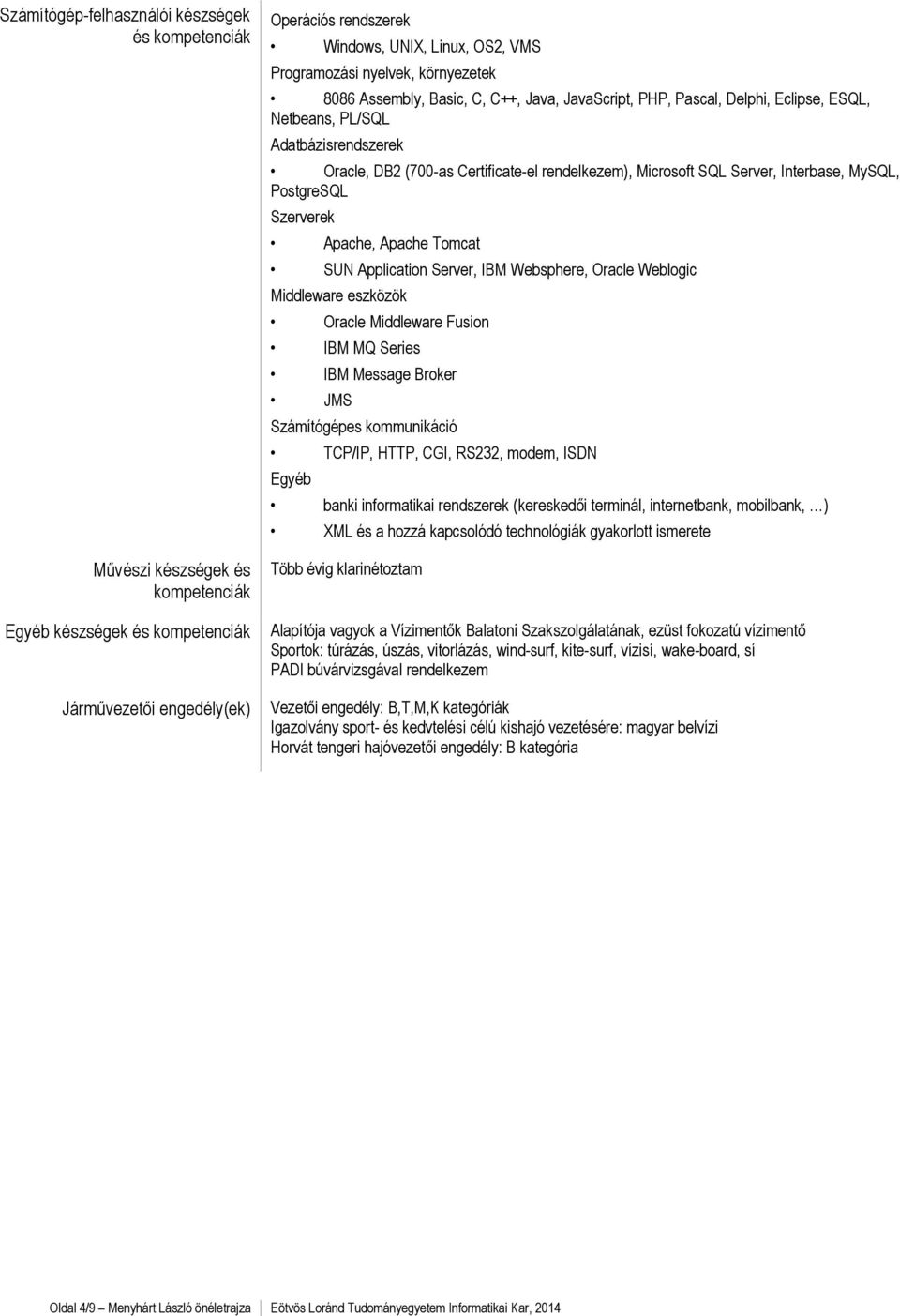 rendelkezem), Microsoft SQL Server, Interbase, MySQL, PostgreSQL Szerverek Apache, Apache Tomcat SUN Application Server, IBM Websphere, Oracle Weblogic Middleware eszközök Oracle Middleware Fusion