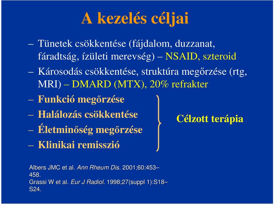 Funkció megőrzése Halálozás csökkentése Életminőség megőrzése Klinikai remisszió Célzott terápia