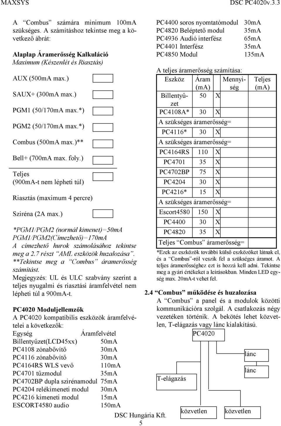 ) *PGM1/PGM2 (normál kimenet)=50ma PGM1/PGM2(Címezhető)=170mA A címezhető hurok számolásához tekintse meg a 2.7 részt AML eszközök huzalozása. **Tekintse meg a Combus áramerősség számítást.