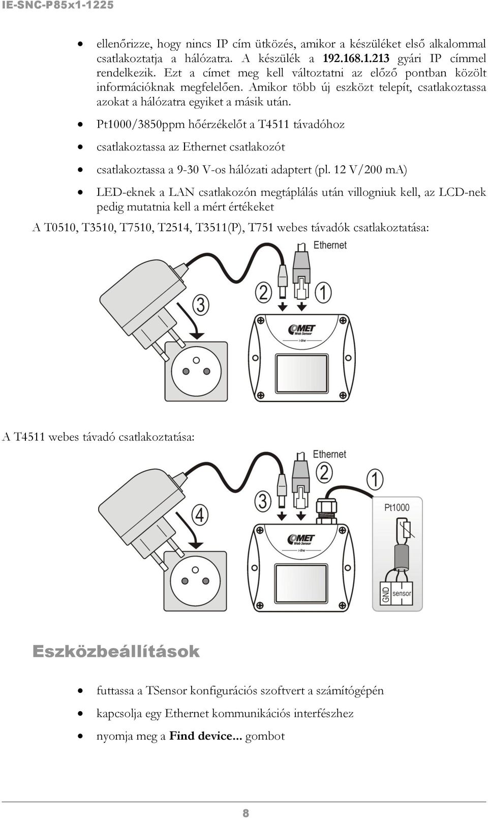 Pt1000/3850ppm hőérzékelőt a T4511 távadóhoz csatlakoztassa az Ethernet csatlakozót csatlakoztassa a 9-30 V-os hálózati adaptert (pl.