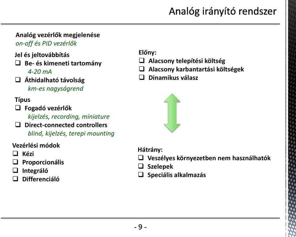 kijelzés, terepi mounting Vezérlési módok Kézi Proporcionális Integráló Differenciáló Előny: Alacsony telepítési költség