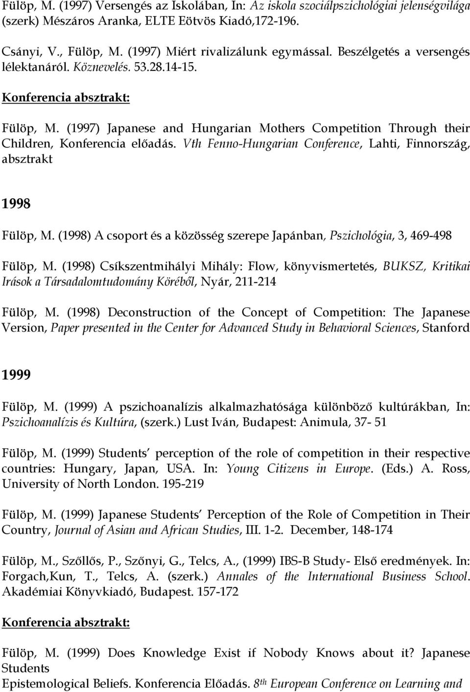 (1997) Japanese and Hungarian Mothers Competition Through their Children, Konferencia előadás. Vth Fenno-Hungarian Conference, Lahti, Finnország, absztrakt 1998 Fülöp, M.