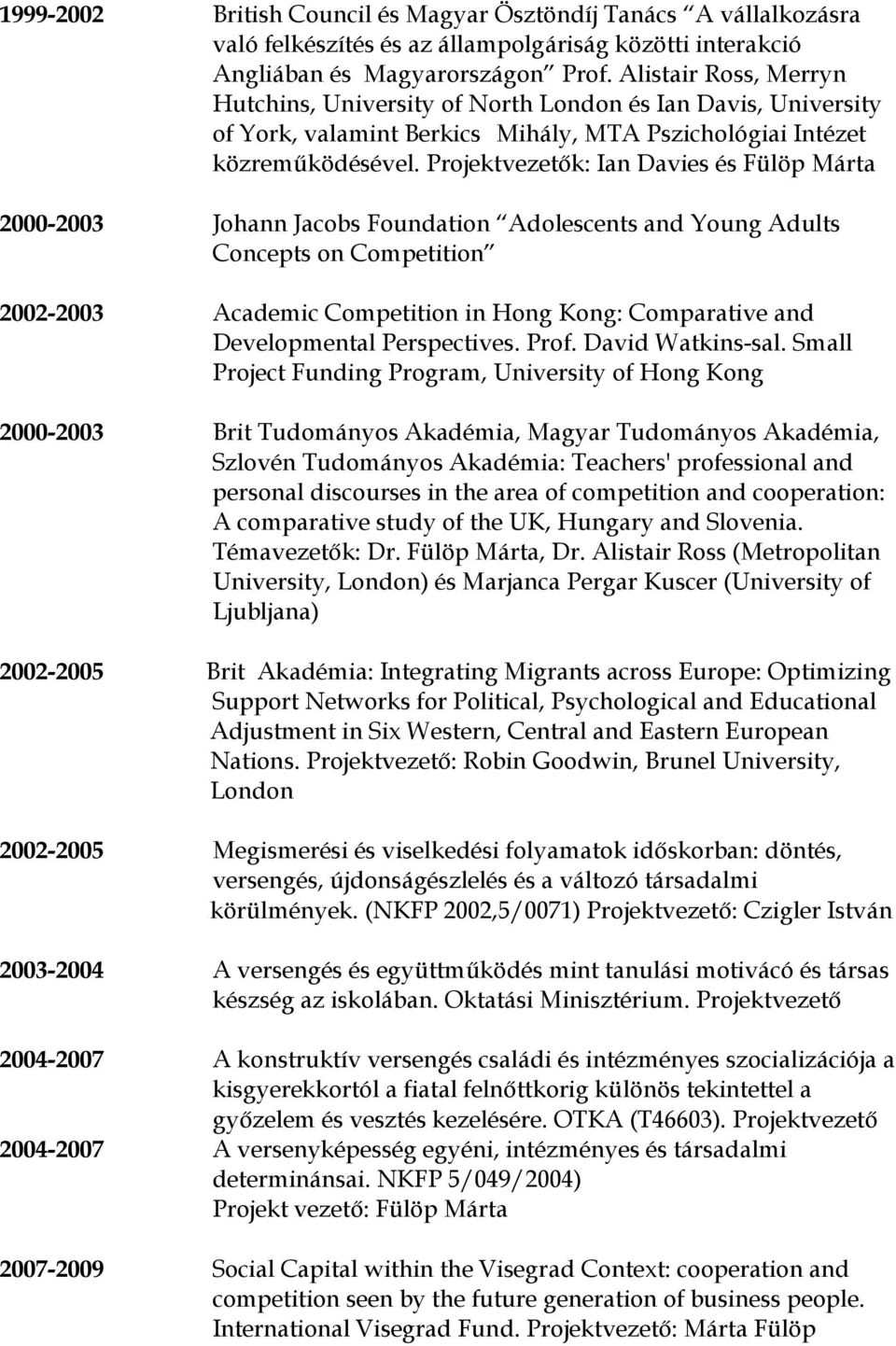 Projektvezetők: Ian Davies és Fülöp Márta 2000-2003 Johann Jacobs Foundation Adolescents and Young Adults Concepts on Competition 2002-2003 Academic Competition in Hong Kong: Comparative and