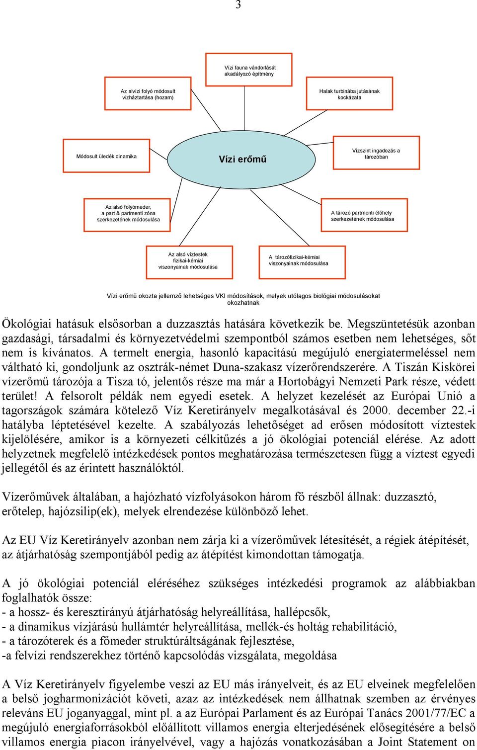 viszonyainak módosulása Vízi erőmű okozta jellemző lehetséges VKI módosítások, melyek utólagos biológiai módosulásokat okozhatnak Ökológiai hatásuk elsősorban a duzzasztás hatására következik be.