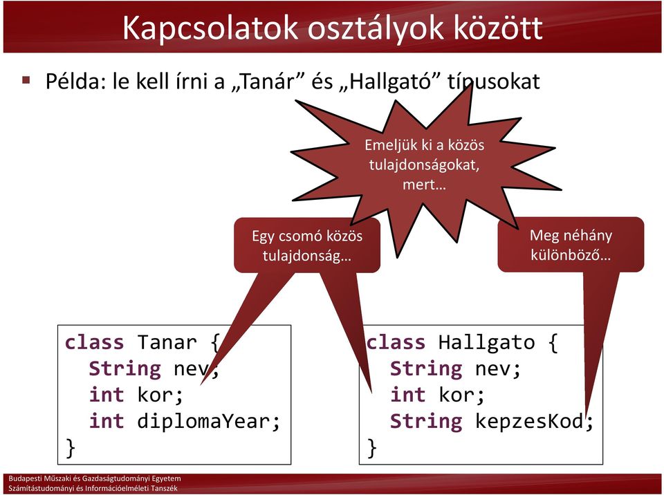 tulajdonság Meg néhány különböző class Tanar { String nev; int kor;