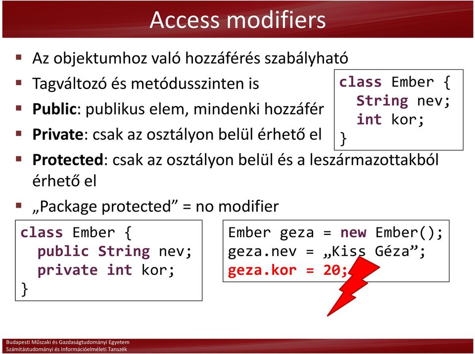 belül és a leszármazottakból érhető el Package protected = no modifier class Ember { public String nev;