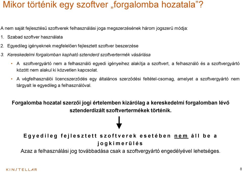 Kereskedelmi forgalomban kapható sztenderd szoftvertermék vásárlása A szoftvergyártó nem a felhasználó egyedi igényeihez alakítja a szoftvert, a felhasználó és a szoftvergyártó között nem alakul ki