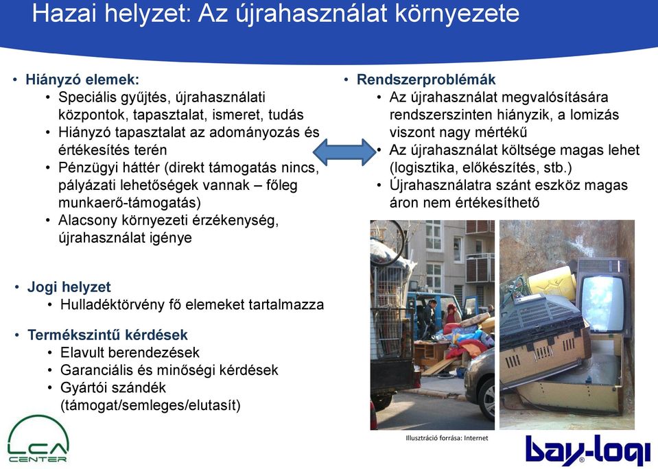 megvalósítására rendszerszinten hiányzik, a lomizás viszont nagy mértékű Az újrahasználat költsége magas lehet (logisztika, előkészítés, stb.