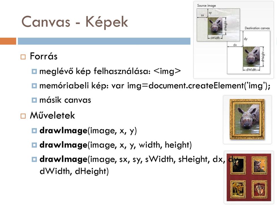 createelement('img'); másik canvas Műveletek drawimage(image, x,