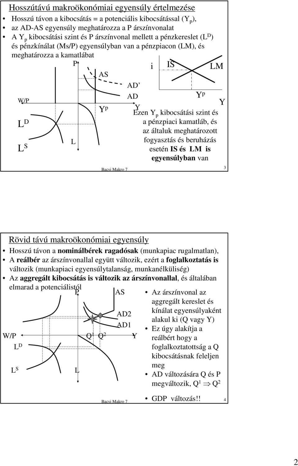 és az általuk meghatározott fogyasztás és beruházás esetén IS és LM is egyensúlyban van Bacsi Makro 7 3 Rövid távú makroökonómiai egyensúly Hosszú távon a nominálbérek ragadósak (munkapiac
