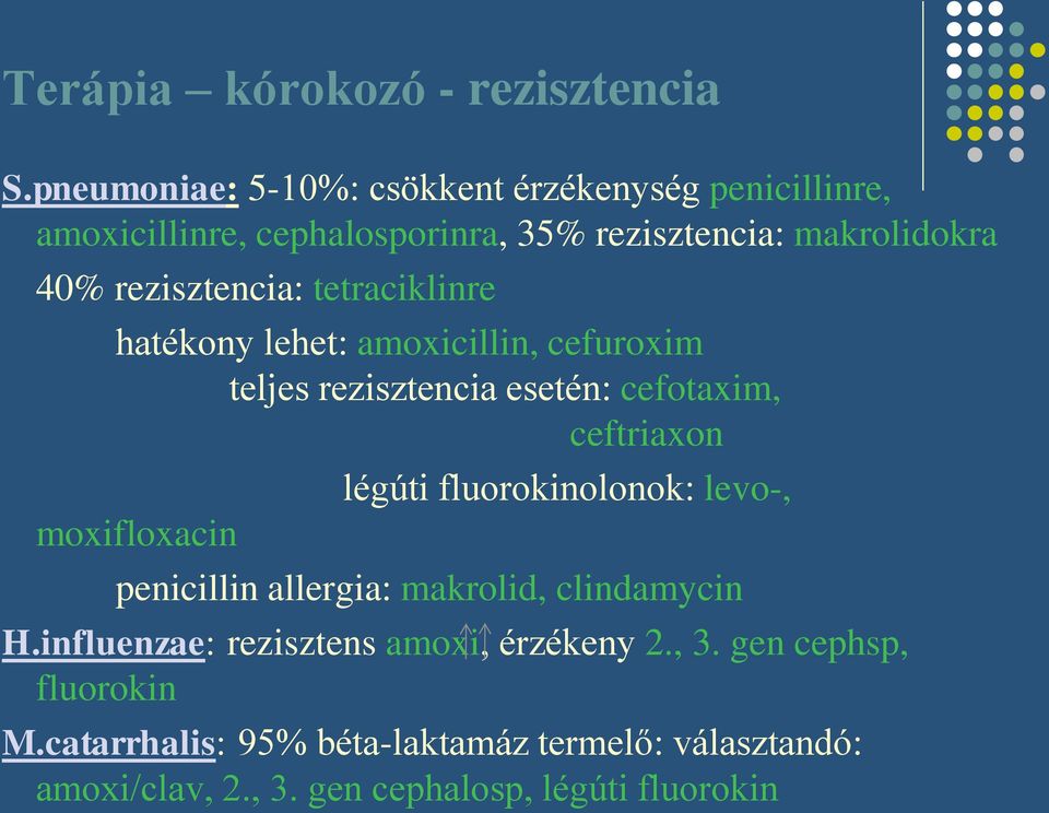 rezisztencia: tetraciklinre hatékony lehet: amoxicillin, cefuroxim teljes rezisztencia esetén: cefotaxim, ceftriaxon moxifloxacin