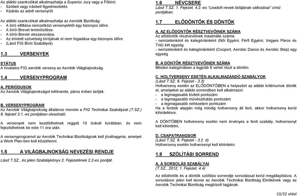 - (Lásd FIG Bírói Szabályok) 1.3 VERSENYEK STÁTUS A hivatalos FIG aerobik verseny az Aerobik Világbajnokság. 1.4 VERSENYPROGRAM A.