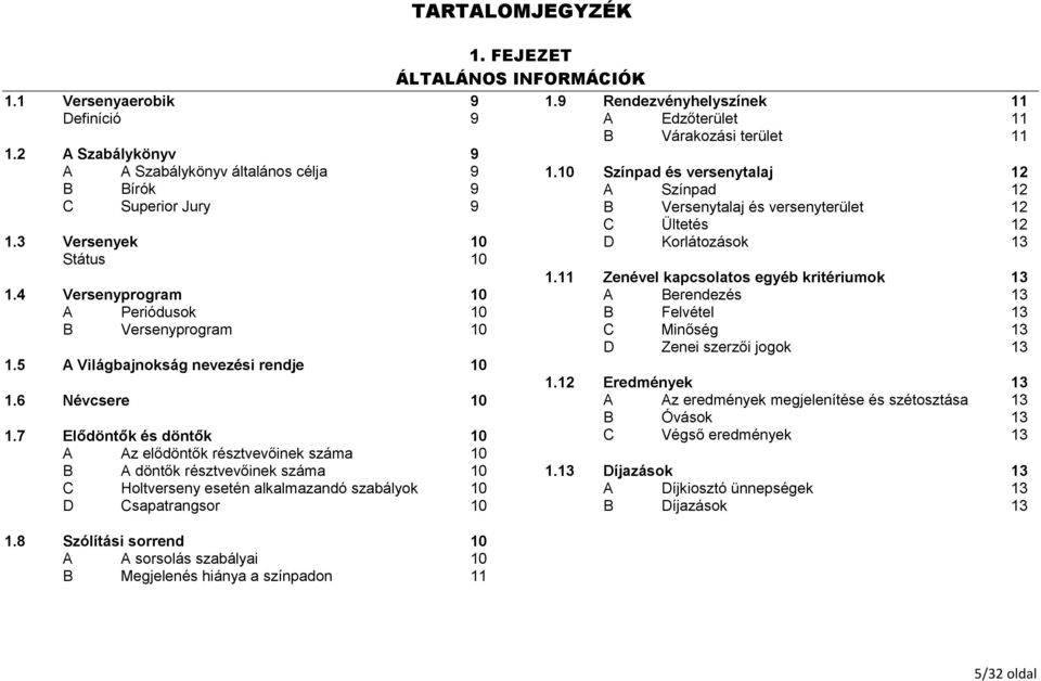 7 Elődöntők és döntők 10 A Az elődöntők résztvevőinek száma 10 B A döntők résztvevőinek száma 10 C Holtverseny esetén alkalmazandó szabályok 10 D Csapatrangsor 10 1.