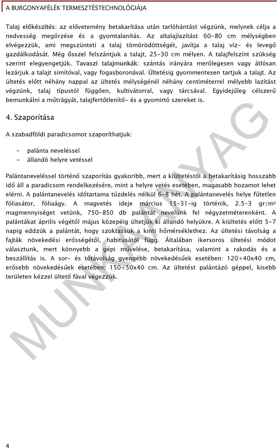 A talajfelszínt szükség szerint elegyengetjük. Tavaszi talajmunkák: szántás irányára merőlegesen vagy átlósan lezárjuk a talajt simítóval, vagy fogasboronával. Ültetésig gyommentesen tartjuk a talajt.