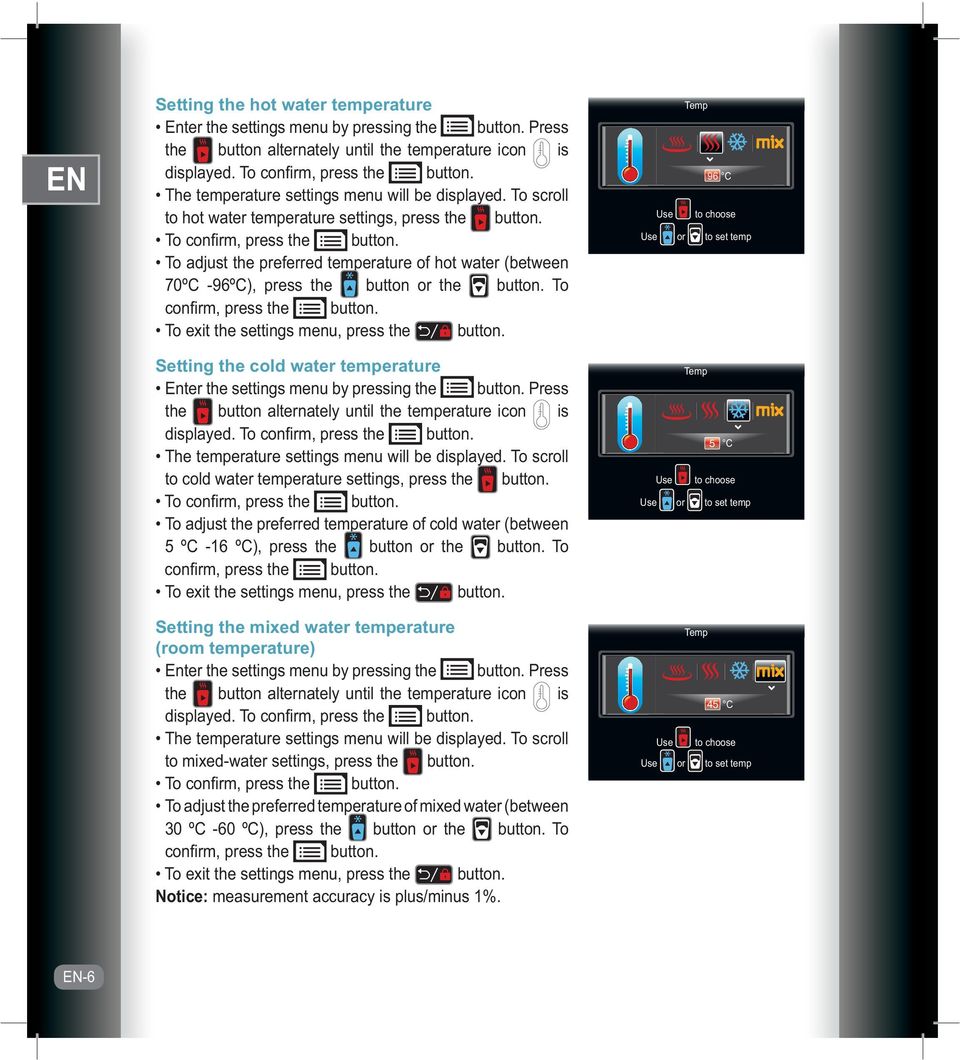 To adjust the preferred temperature of hot water (between 70ºC -96ºC), press the button or the button. To confi rm, press the button. To exit the settings menu, press the button.