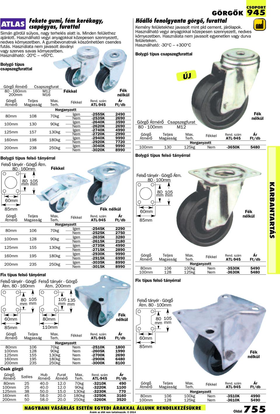 Bolygó típus csapszegfurattal Görgő Átmérő Csapszegfurat 80-160mm M12 Fékkel Fék 200mm M16 nélkül Görgő Átmérő Teljes Magasság Max. Terh.