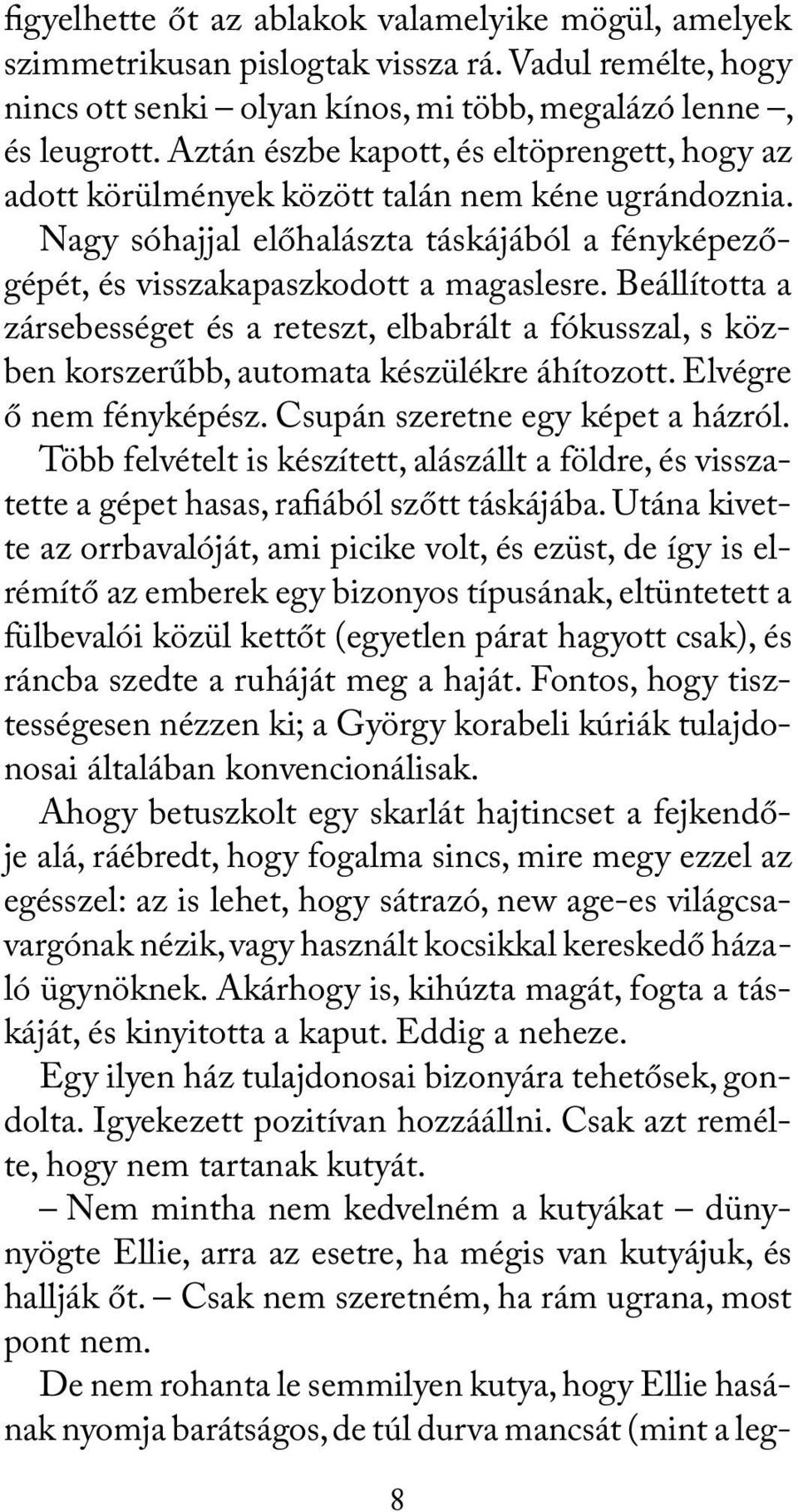 Beállította a zársebességet és a reteszt, elbabrált a fókusszal, s közben korszerűbb, automata készülékre áhítozott. Elvégre ő nem fényképész. Csupán szeretne egy képet a házról.