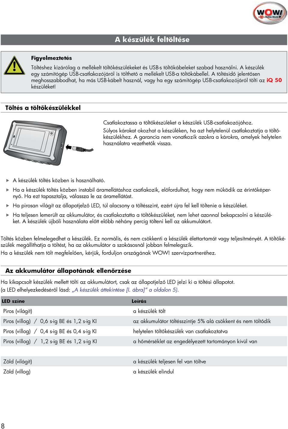 A töltésidő jelentősen meghosszabbodhat, ha más USB-kábelt használ, vagy ha egy számítógép USB-csatlakozójáról tölti az iq 50 készüléket!