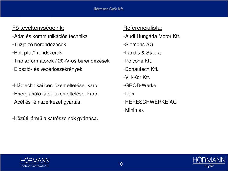 berendezések -Elosztó- és vezérlőszekrények -Háztechnikai ber. üzemeltetése, karb. -Energiahálózatok üzemeltetése, karb.