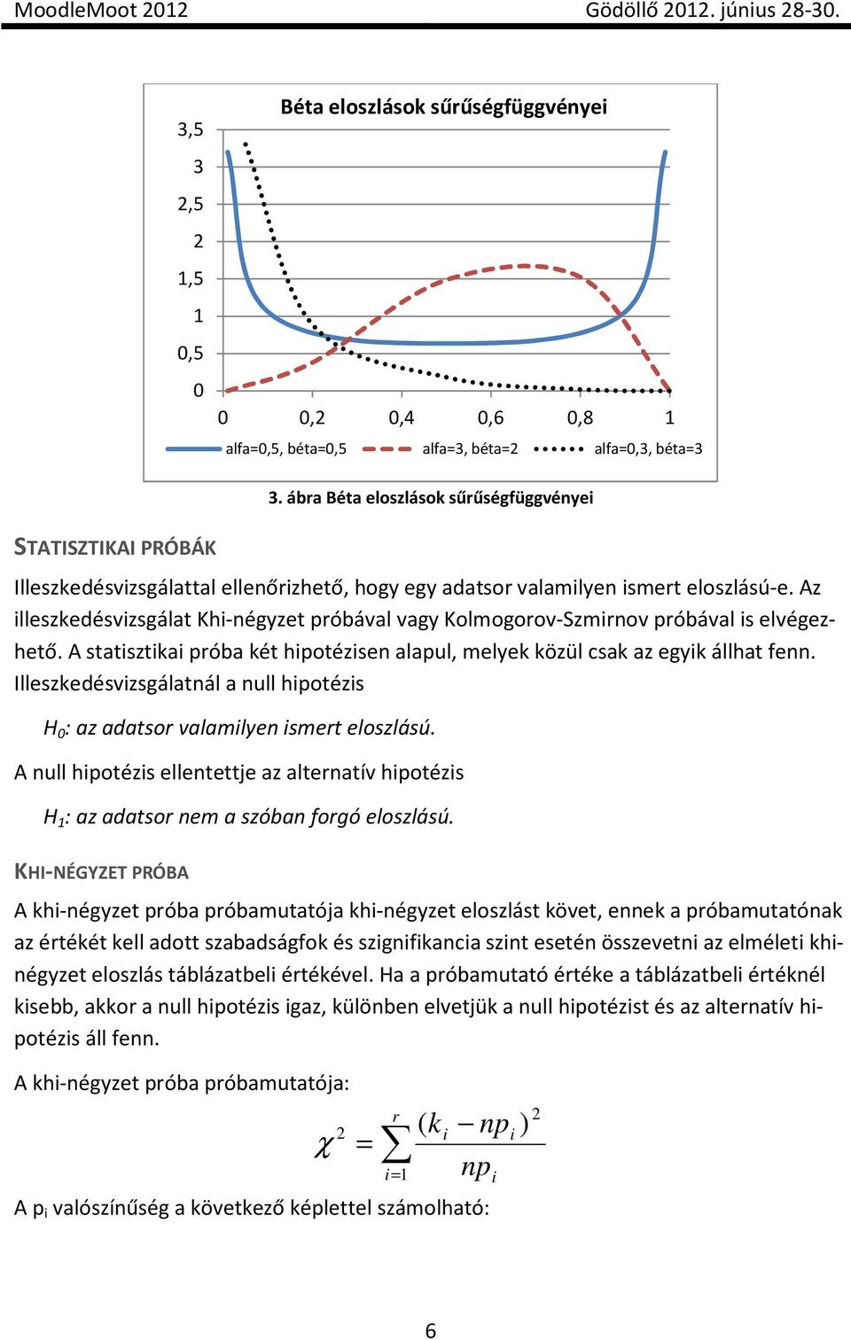 Az illeszkedésvizsgálat Khi-négyzet próbával vagy Kolmogorov-Szmirnov próbával is elvégezhető. A statisztikai próba két hipotézisen alapul, melyek közül csak az egyik állhat fenn.