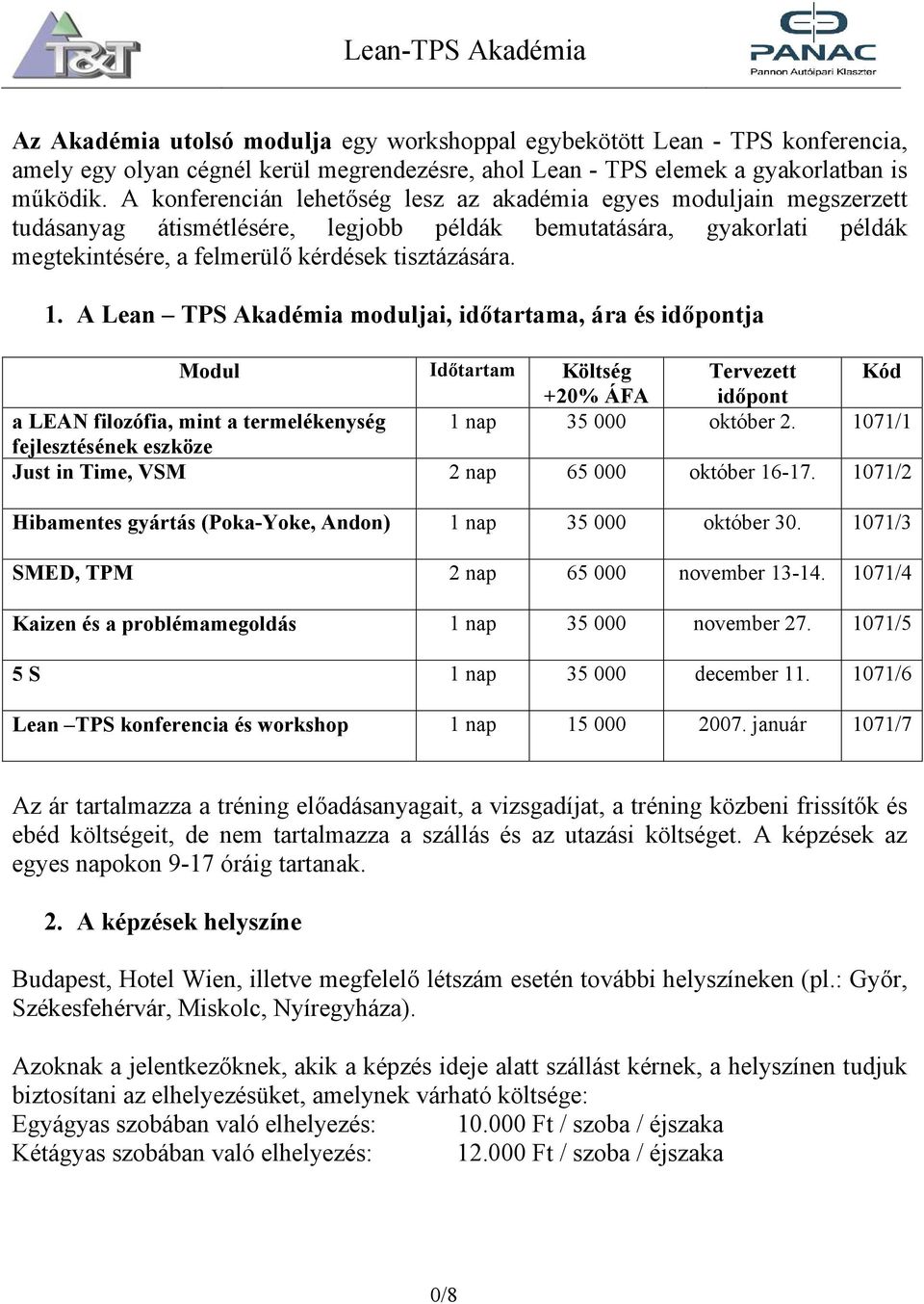 A Lean TPS Akadémia moduljai, időtartama, ára és időpontja Modul Költség Tervezett Kód +20% ÁFA időpont a LEAN filozófia, mint a termelékenység 1 nap 35 000 október 2.