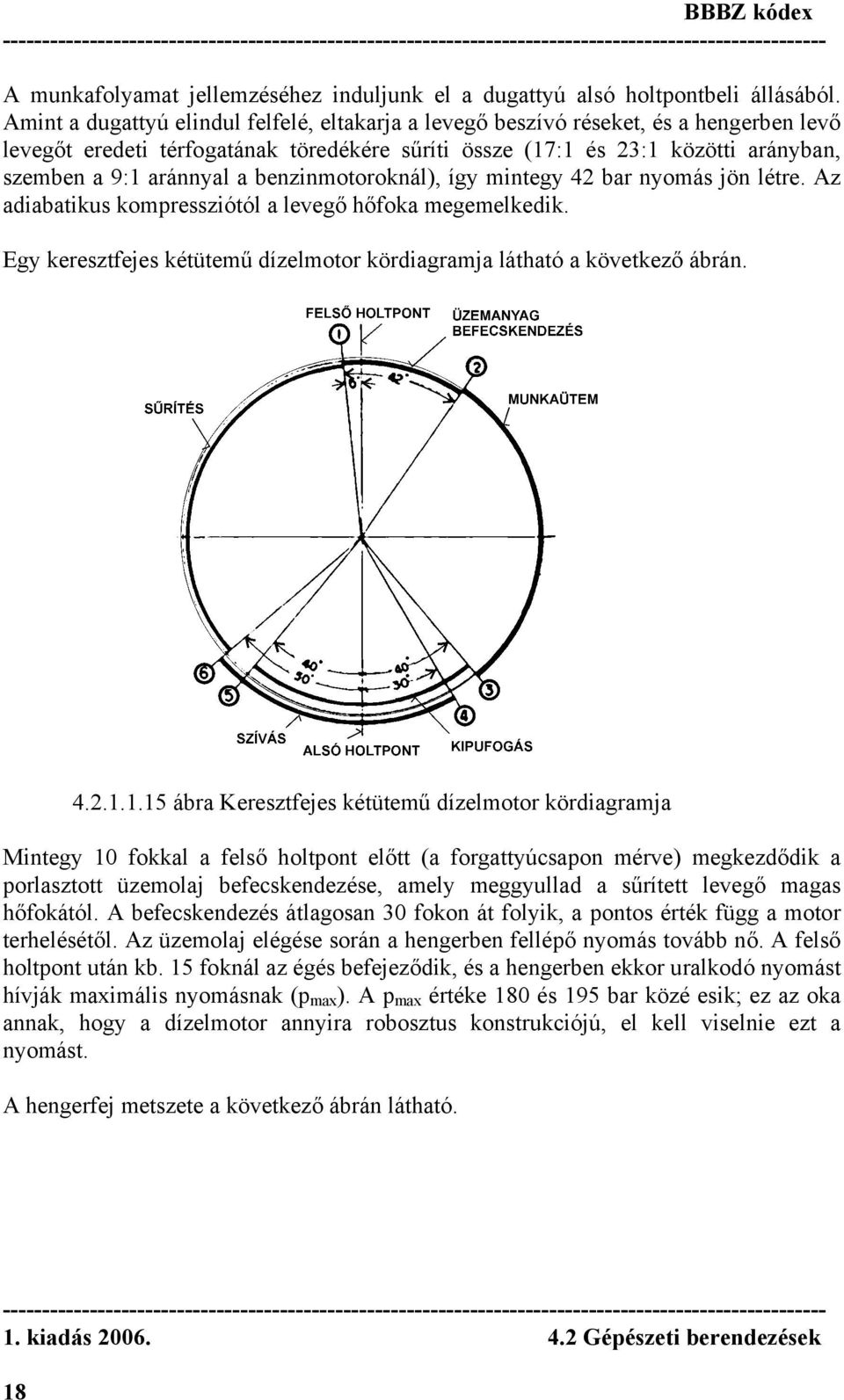 benzinmotoroknál), így mintegy 42 bar nyomás jön létre. Az adiabatikus kompressziótól a levegő hőfoka megemelkedik. Egy keresztfejes kétütemű dízelmotor kördiagramja látható a következő ábrán. 4.2.1.