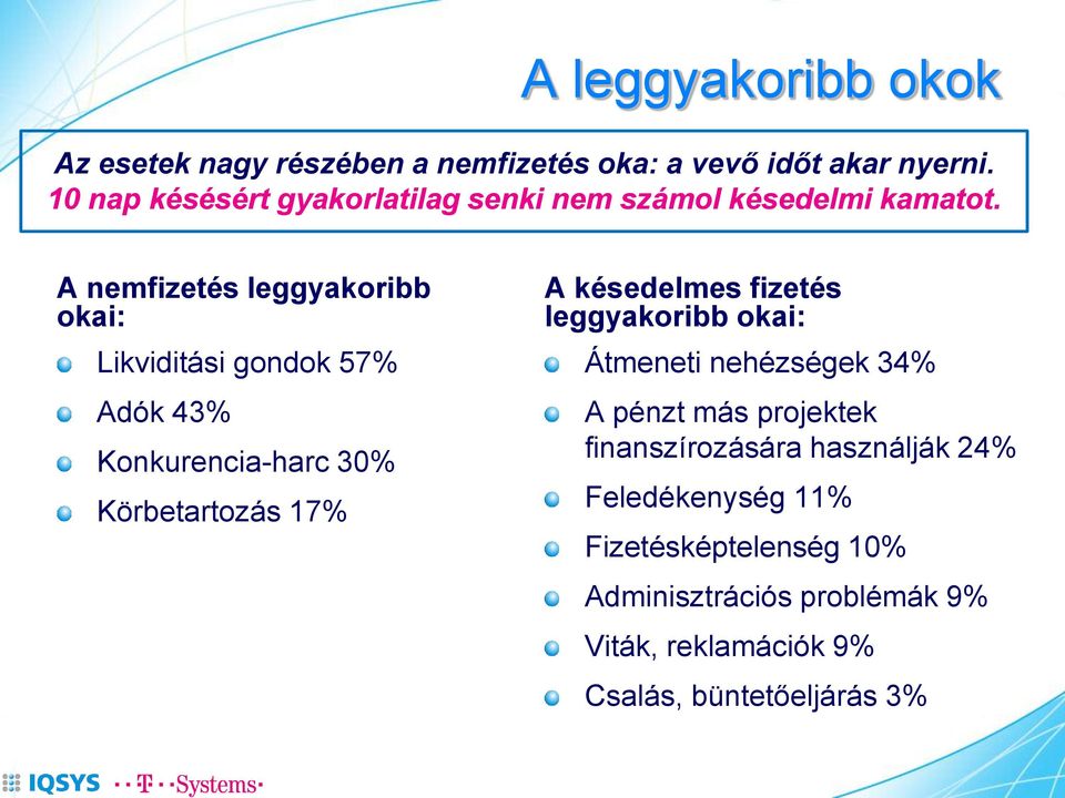 A nemfizetés leggyakoribb okai: Likviditási gondok 57% Adók 43% Konkurencia-harc 30% Körbetartozás 17% A késedelmes