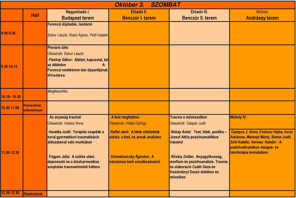 15 10.30 Megbeszélés 10.30-11.00 Kávészünet süteménnyel Az anyaság traumái A test megfejtése Trauma a művészetben Műhely IV. Üléselnök: Halász Anna Üléselnök: Hidas György Üléselnök: Gáspár Judit 11.