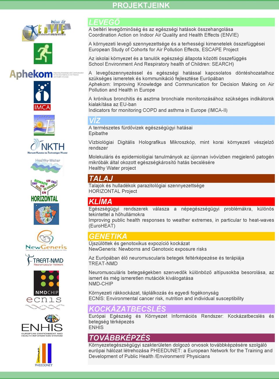 And Respiratory health of Children: SEARCH) A levegőszennyezéssel és egészségi hatással kapcsolatos döntéshozatalhoz szükséges ismeretek és kommunikáció fejlesztése Európában Aphekom: Improving