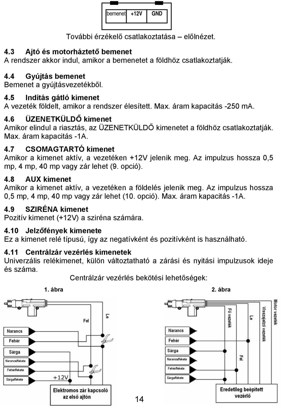 6 ÜZENETKÜLDŐ kimenet Amikor elindul a riasztás, az ÜZENETKÜLDŐ kimenetet a földhöz csatlakoztatják. Max. áram kapacitás -1A. 4.