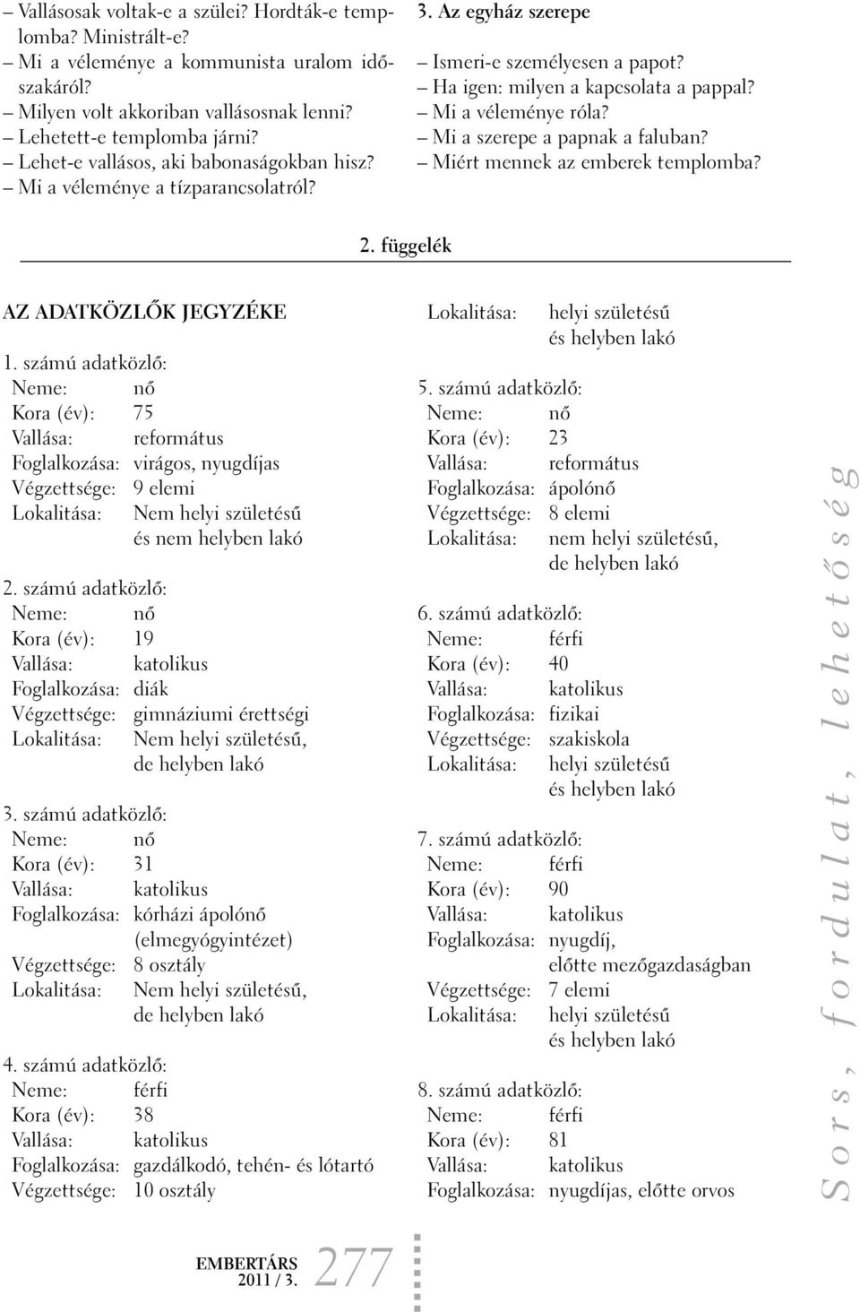 Mi a szerepe a papnak a faluban? Miért mennek az emberek templomba? 2. függelék AZ ADATKÖZLÕK JEGYZÉKE 1.