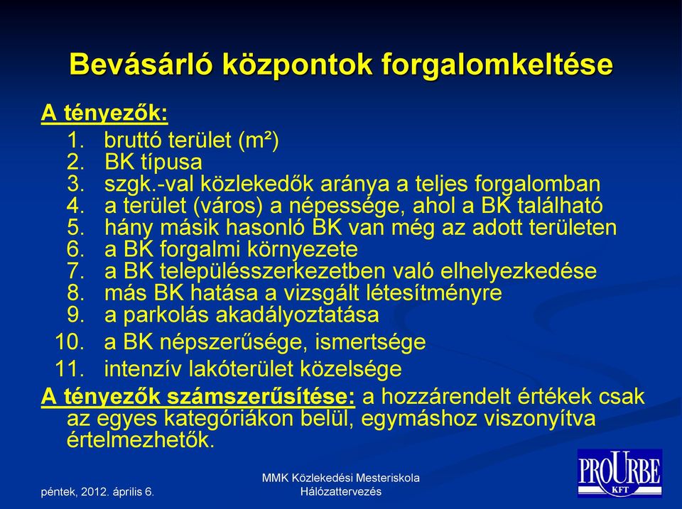 a BK településszerkezetben való elhelyezkedése 8. más BK hatása a vizsgált létesítményre 9. a parkolás akadályoztatása 10.