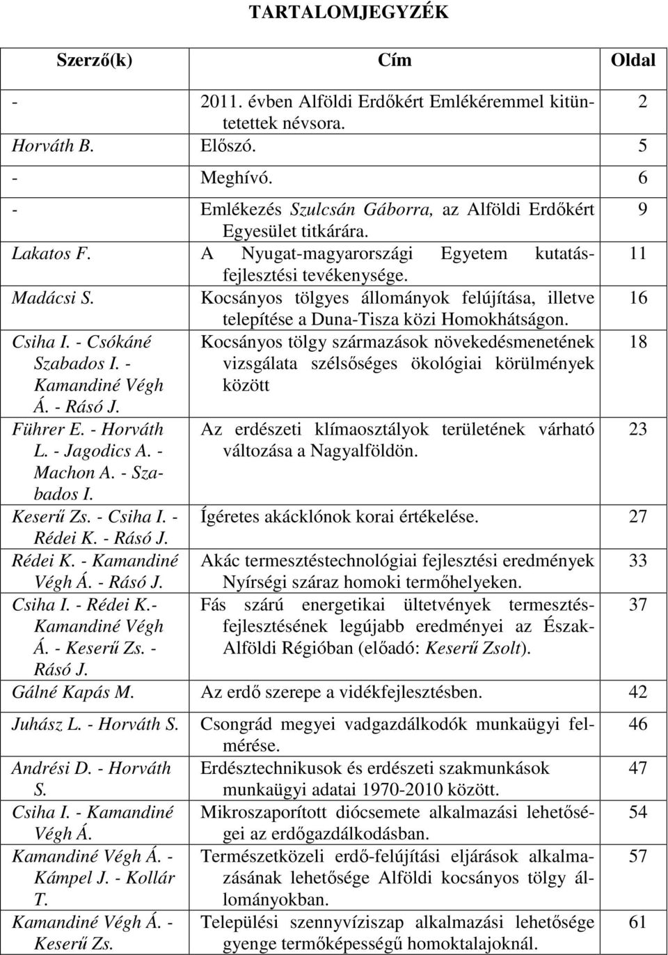 Kocsányos tölgyes állományok felújítása, illetve telepítése a Duna-Tisza közi Homokhátságon. Csiha I. - Csókáné Kocsányos tölgy származások növekedésmenetének Szabados I.