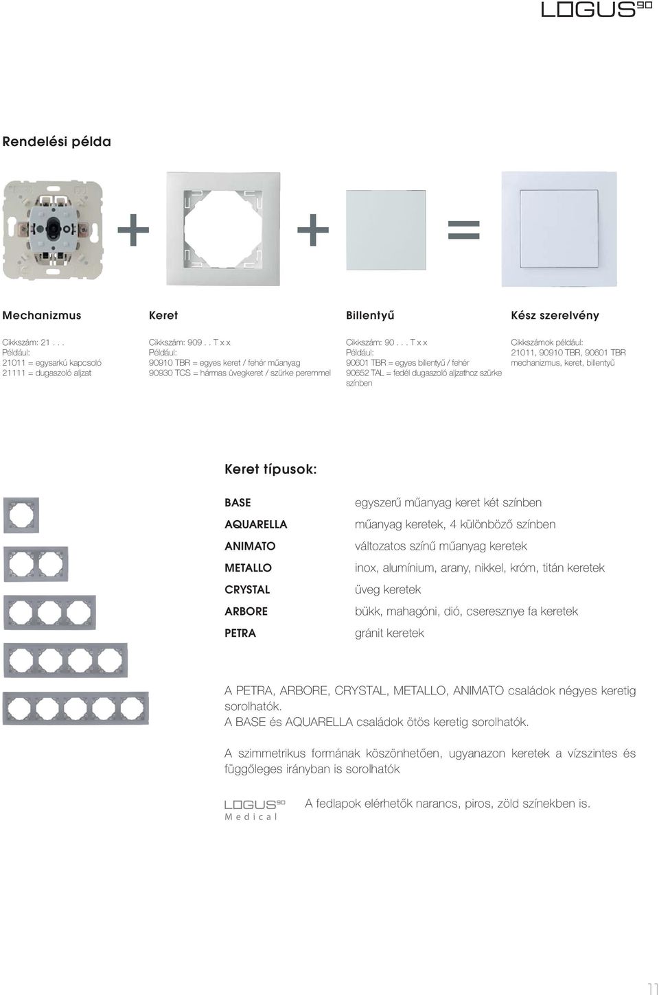 .. T x x Például: 9060 TBR = egyes billentyű / fehér 9065 TAL = fedél dugaszoló aljzathoz szürke színben ok például: 0, 9090 TBR, 9060 TBR mechanizmus, keret, billentyű Keret típusok: BASE AQUARELLA